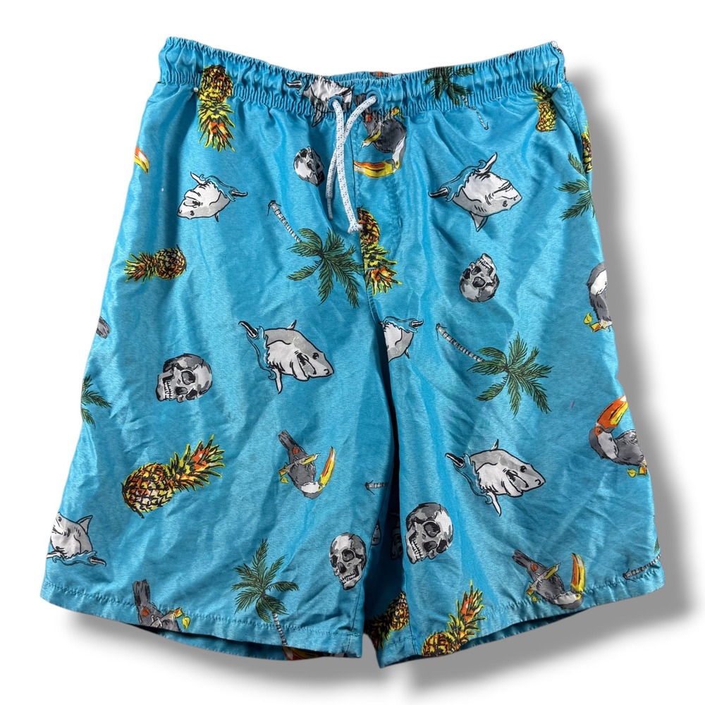 Wonder Nation Boys XL 14-16 Swim Trunks Blue Shark Skull Pineapple Tropical